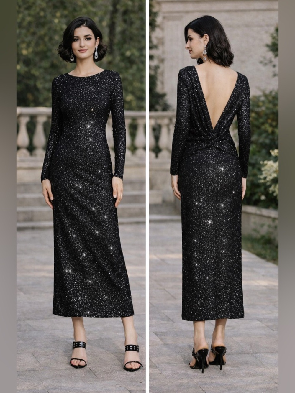 Black Long-Sleeve Sequin Evening Gown with Low Back